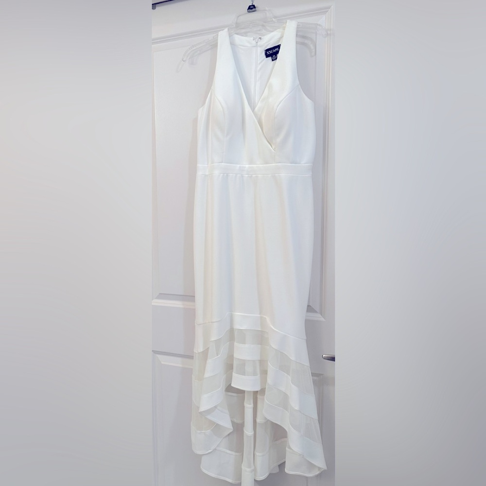 Sleeveless High/Low midi flare mesh trim cocktail dress